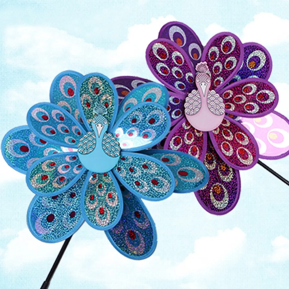 Double Layer Peacock Laser Sequins Windmill Colorful Wind Spinner Kids Toy jun13