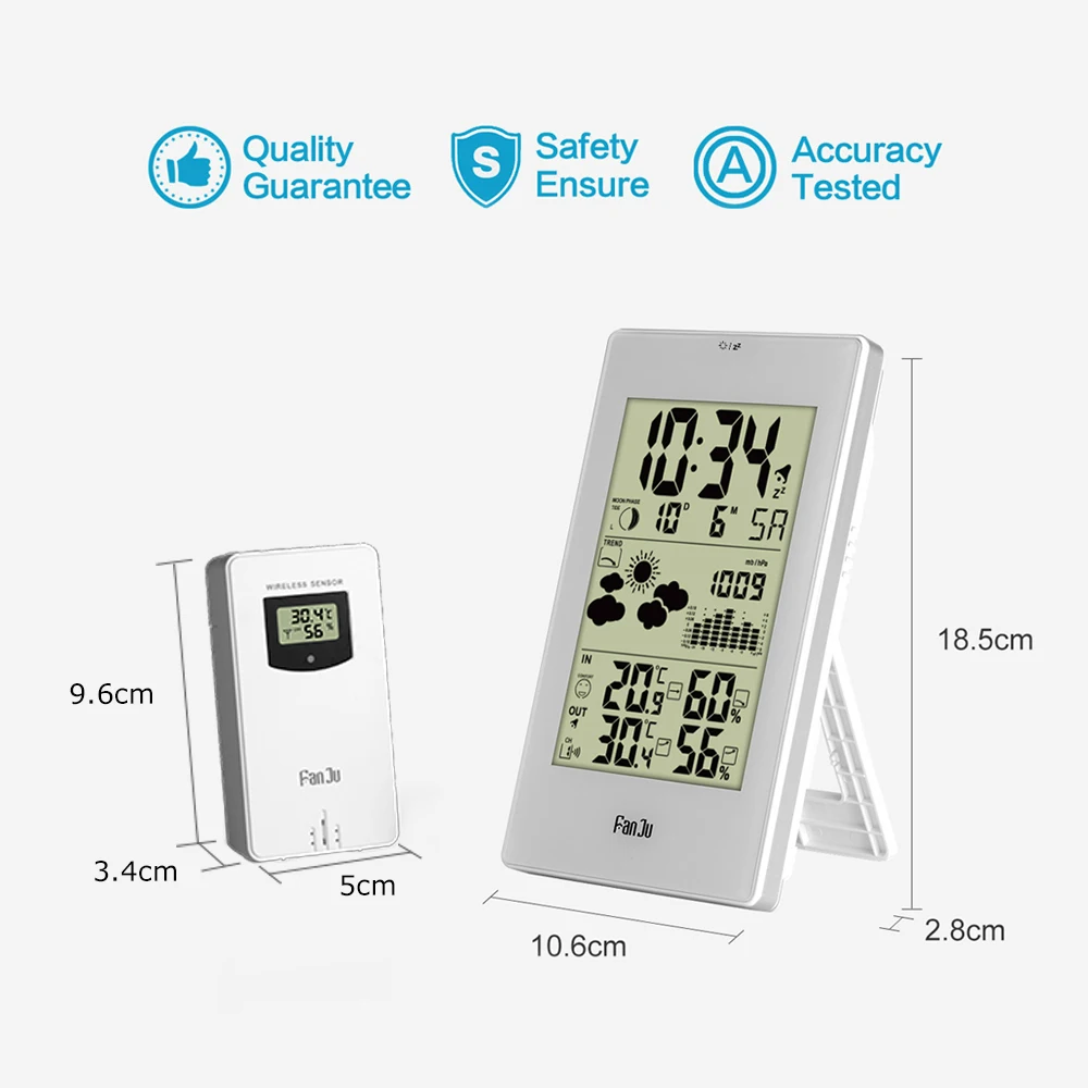 FanJu FJ3352 Weather Station With Barometer Forecast Temperature Humidity Wireless Outdoor Sensor Alarm and Snooze Digital Clock