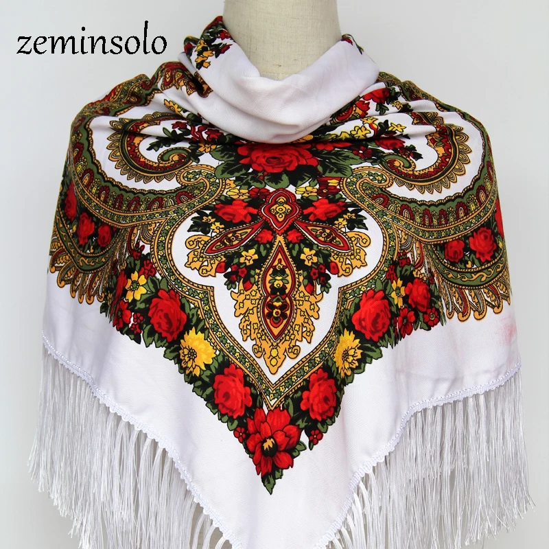 Sciarpe russe invernali di marca di lusso per le donne sciarpa quadrata scialle stampa Bandana floreale fazzoletto di cotone frangia nappa fatta a