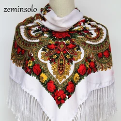 Luxury Brand Winter Russian Scarves For Women Square Scarf Shawl Print Floral Bandana Cotton Handkerchief Handmade Tassel Fringe