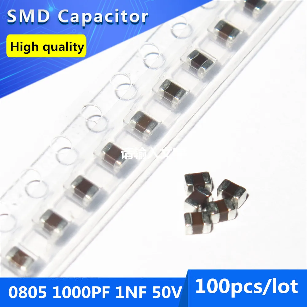 100pcs SMD Thick Film Chip Multilayer Ceramic Capacitor 0805 1000PF 1NF 50V X7R 10%