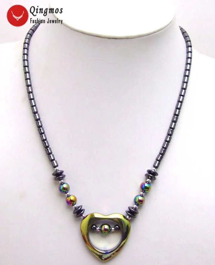 Qingmos Hematite Multicolor 35mm Heart Pendant Necklace for Women with Knurl Shape Hematite Chokers Necklace Jewelry 18