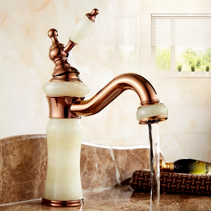 Antique rose gold bathroom Lengthen bibcock basin faucet hot and cold, Copper White/Yellow jade marble wash water tap Whosale