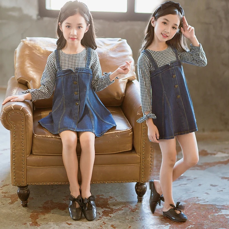 

Hot Sale Girls Denim Spliced Princess Dress Korean Kids Long Sleeve Plaid Splicing Dresses Children's Wear One Piece Clothes B79