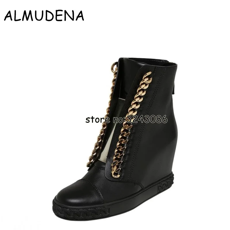 Metal Chain Woman Casual Outdoor Sneakers Suede Round Toe Platform Wedge Ankle Boots Lace Up Lady Height Increasing Shoes