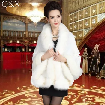 13 Colors Winter Women White Faux Fox Fur Knurling Poncho Knitted Oversize Cape Coat Batwing Sleeve Big Collar Cloak Shawl