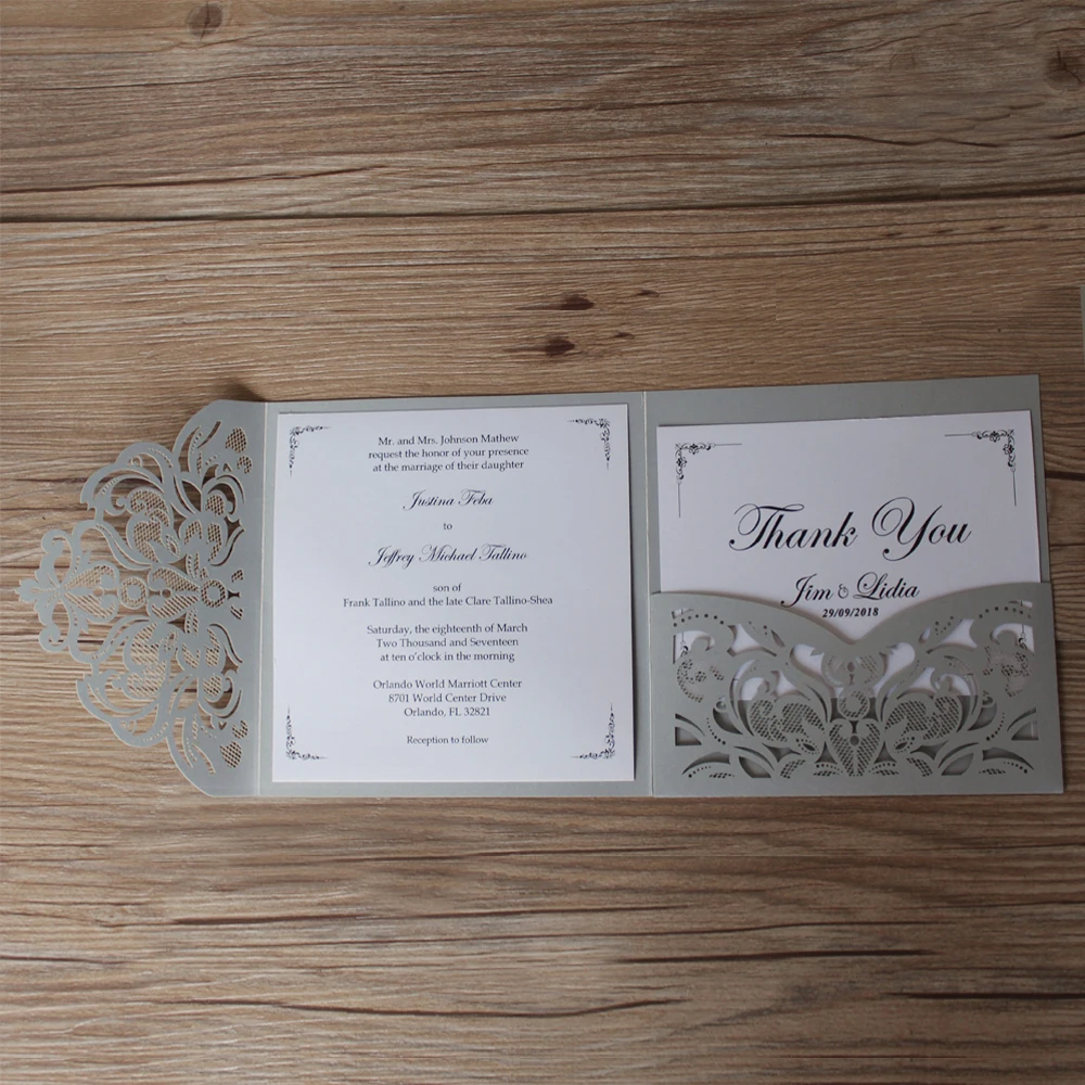 Silver Laser Cut Wedding Invitations with Thank You Cards, Gray Pocket Invitations Customized Invite Wording - Set of 50 pcs