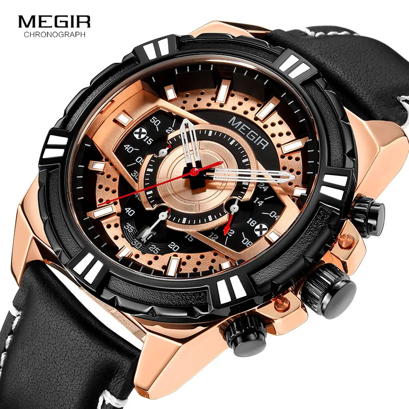 MEGIR Men\'s Quartz Watches 2019 New Luxury Top Brand Chronograph Military Sport Leather Wristwatch Man Relogios Clock 2118 Rose