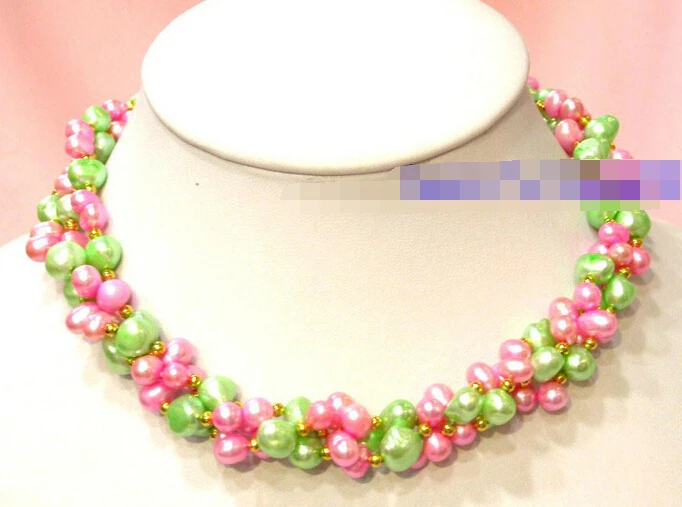 

3strands 7-8mm freshwater green and pink pearl necklace