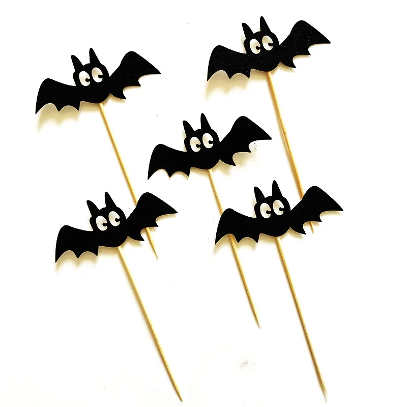 5Pcs Black Bats Halloween Cupcake Toppers Cake Inserted Card For Kids Birthday Cake Decor Halloween Supplies Photo Props