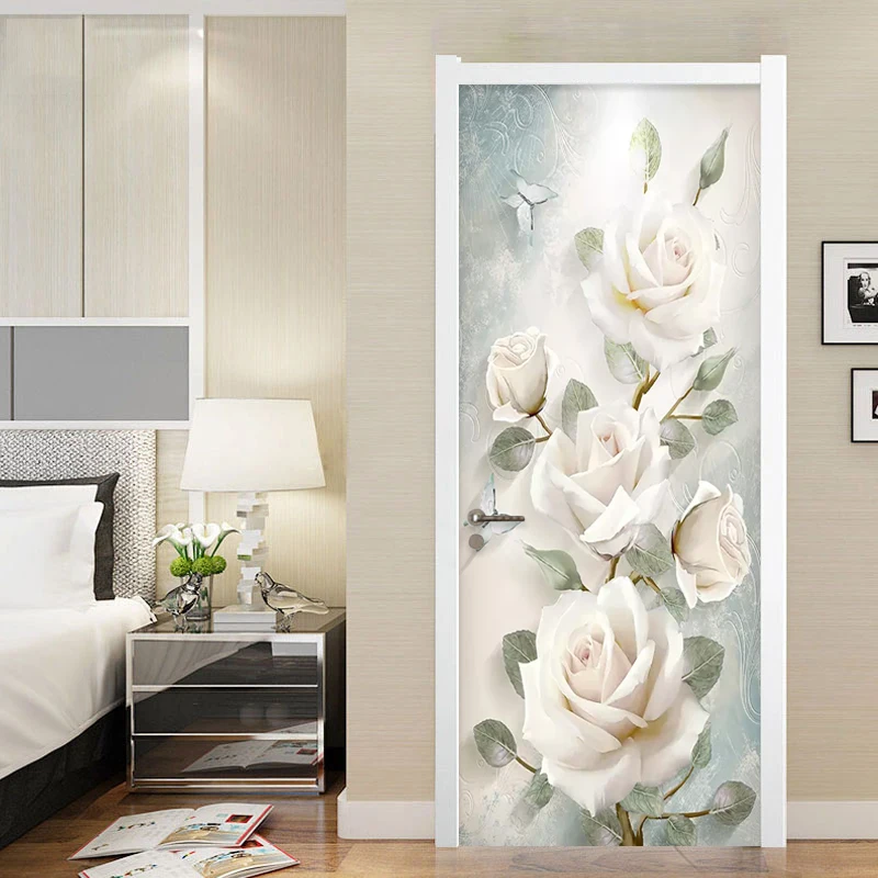 Modern Flowers Oil Painting 3D Wall Door Sticker Living Room Bedroom Wallpaper PVC Self-Adhesive Waterproof Home Door Decal 3 D