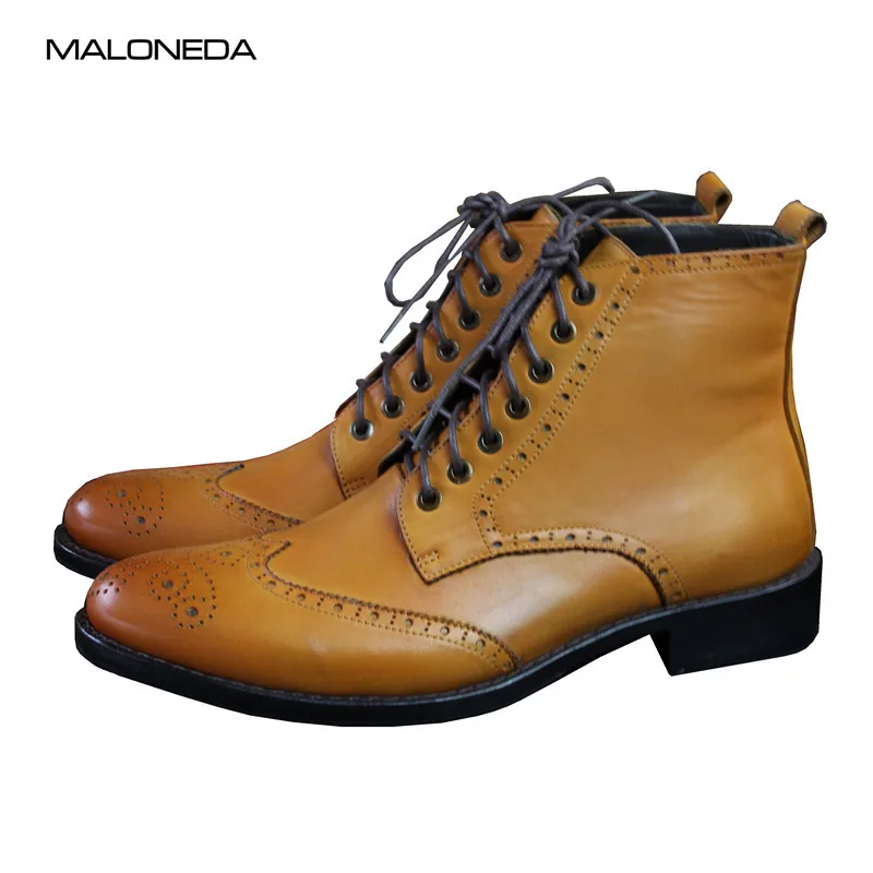 MALONEDE Mens Bespoke Handmade Retro Brogue Dress Boots Full Genuine Leather Lace up Short Boots Made With Goodyear Welted