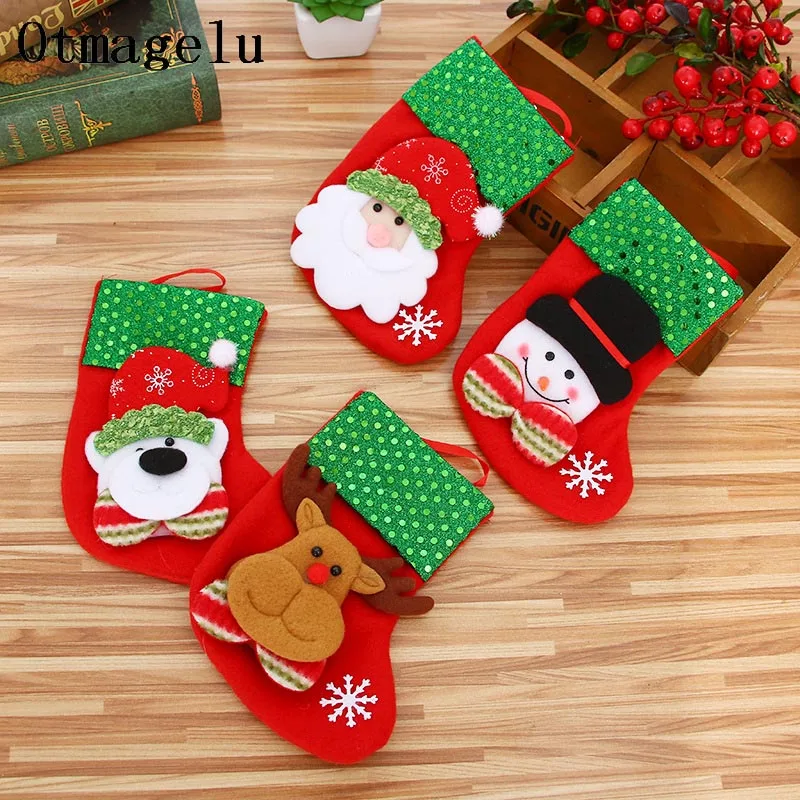 1pcs Christmas Socks Tree Pendant Santa Snowman Christmas Dolls Gift Bags Stockings Decoration Xmas Ornaments New Year Kid Gifts
