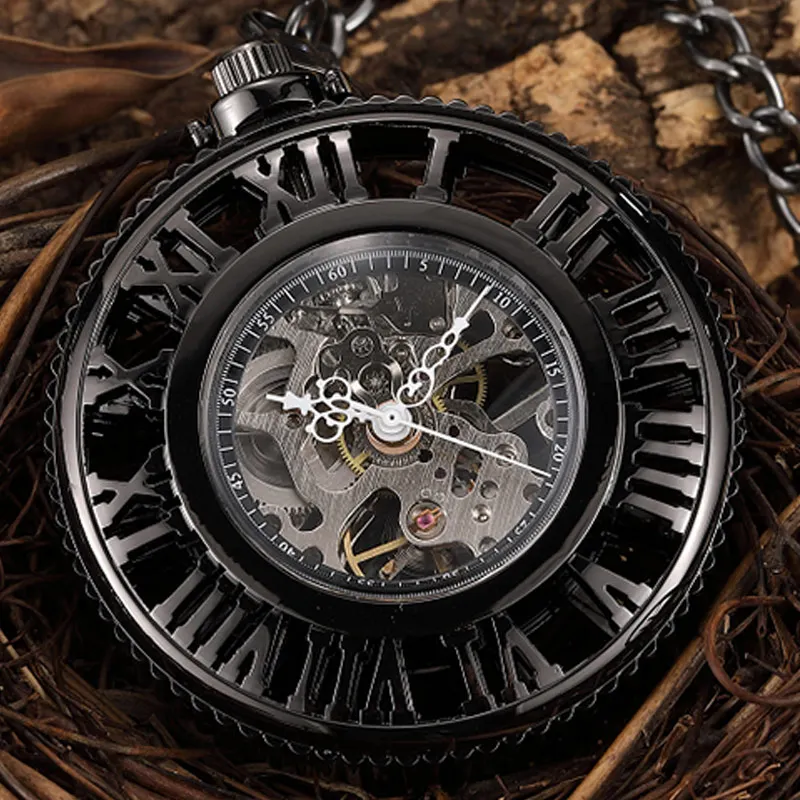 Steampunk Black Skeleton Big Roman Numerais Vintage Mecânica Pocket Watch Homens Mão Vento Oco Fob Pingente Relógio Colar Presente