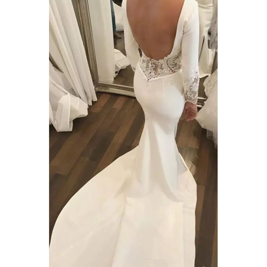 Vestidos de novia Vintage de manga larga, traje de novia de encaje y satén con Espalda descubierta, abertura frontal Simple de sirena