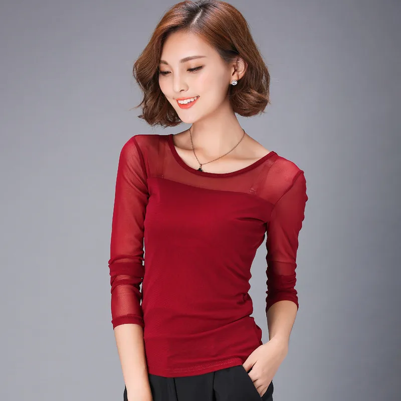 Sanishroly 2018 Mùa Hè Mùa Thu Phụ Nữ Dài Tay Áo Áo Cánh Mỏng Ren Áo Nữ Ladies Rắn Lưới Đáy Áo Tops Cộng Với Kích Thước SE106