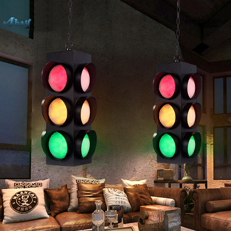 Industrial Traffic Light Vintage Led Pendant Lights Remote Control Cafe Bar Ktv Store Pendant Lamp Dining Room Art Deco Fixture