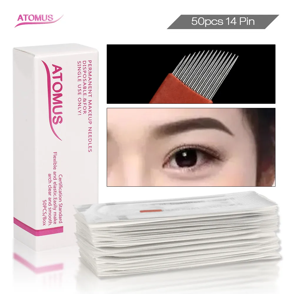 50pcs 14pin Agujas Microblading Laminas Para Tebori Micro Agulhamento Permanent Make Up Needle Shading Needles Tebore Lamina