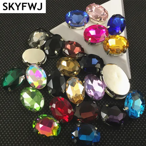 All Colors 6x8,8x10,10x14,13x18,18x25,20x30mm Glass Crystal Oval fancy stone with Metal claw setting Sewing Rhinestones