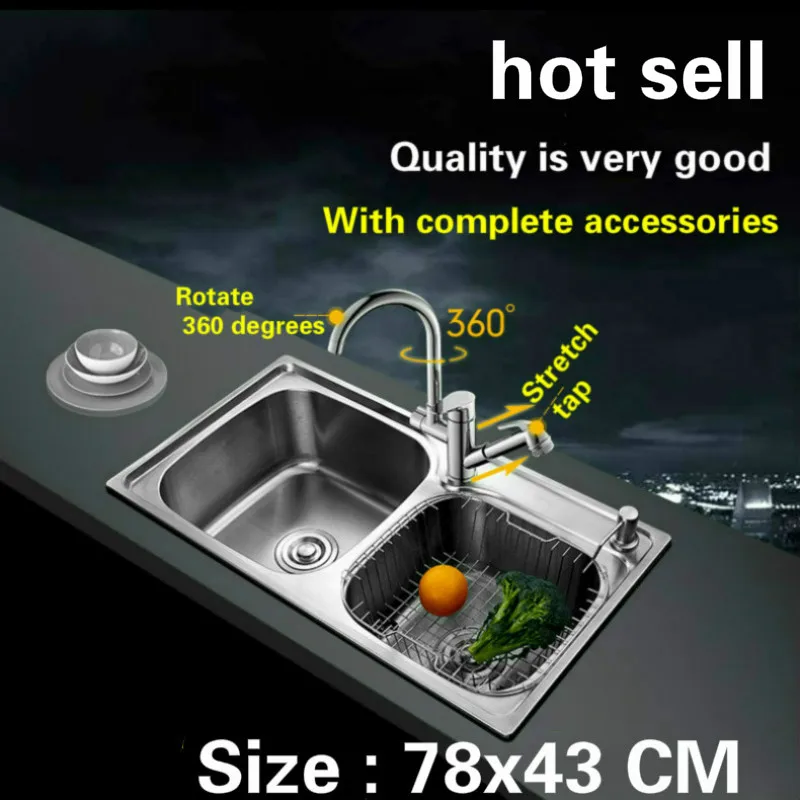 

Free shipping 304 stainless steel double groove kitchen sink wiredrawing xiancai basins 78x43 CM