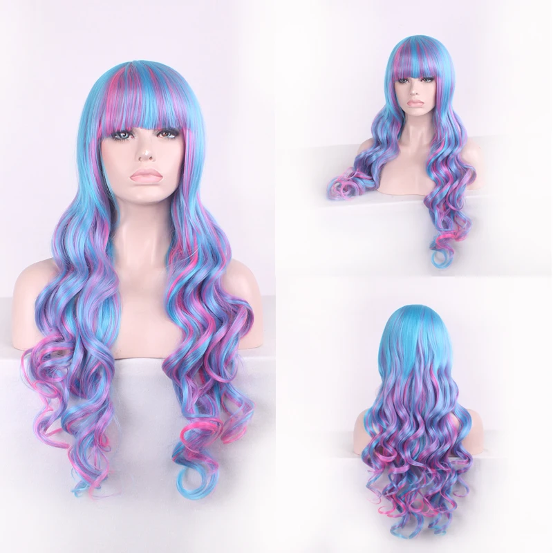 

Mix Blue Pink Long Wavy Cosplay Wig Bangs Synthetic Lolita Hair Halloween Costume Party Wigs For Women High Temperature Fiber