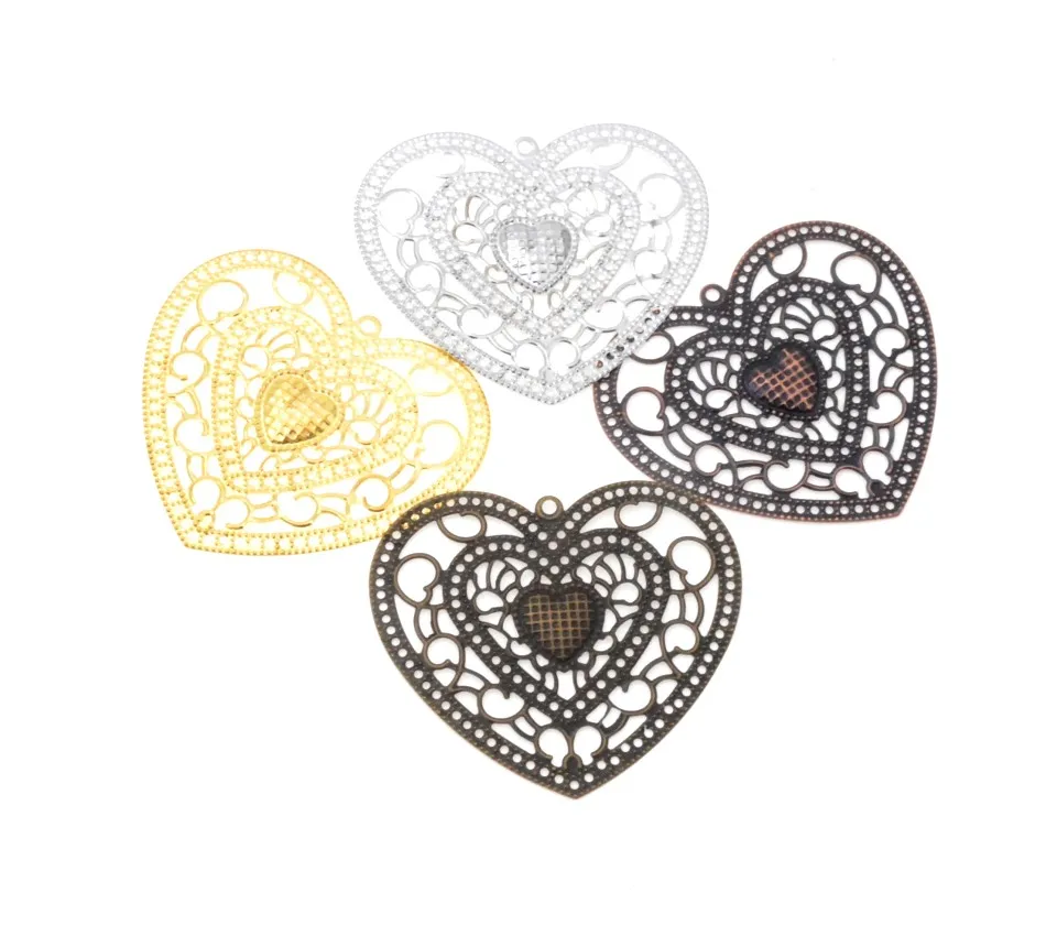 Free shipping 10Pcs Antique Copper/Gold/silver Filigree Heart Wraps Metal Crafts Gift Decoration DIY Findings Connectors 65x58mm