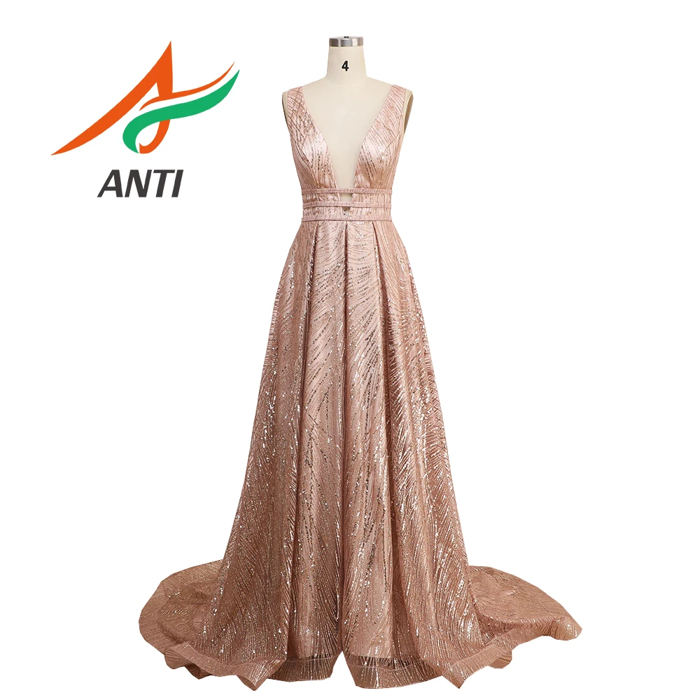 ANTI Prom largo vestido de oro vestido de noche de lentejuelas de 2019 para las mujeres Sexy vestidos de fiesta de cuello en V vestido de espalda abierta de la velada