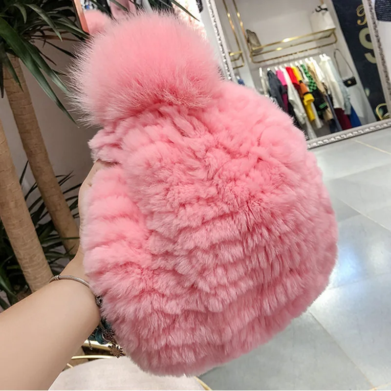 

Knitted Real Rex Rabbit Fur Hat Women Genuine Fur Hats With Fox Fur Pompom Ladies Fashion Russia Fur Cap Female Winter Beanie