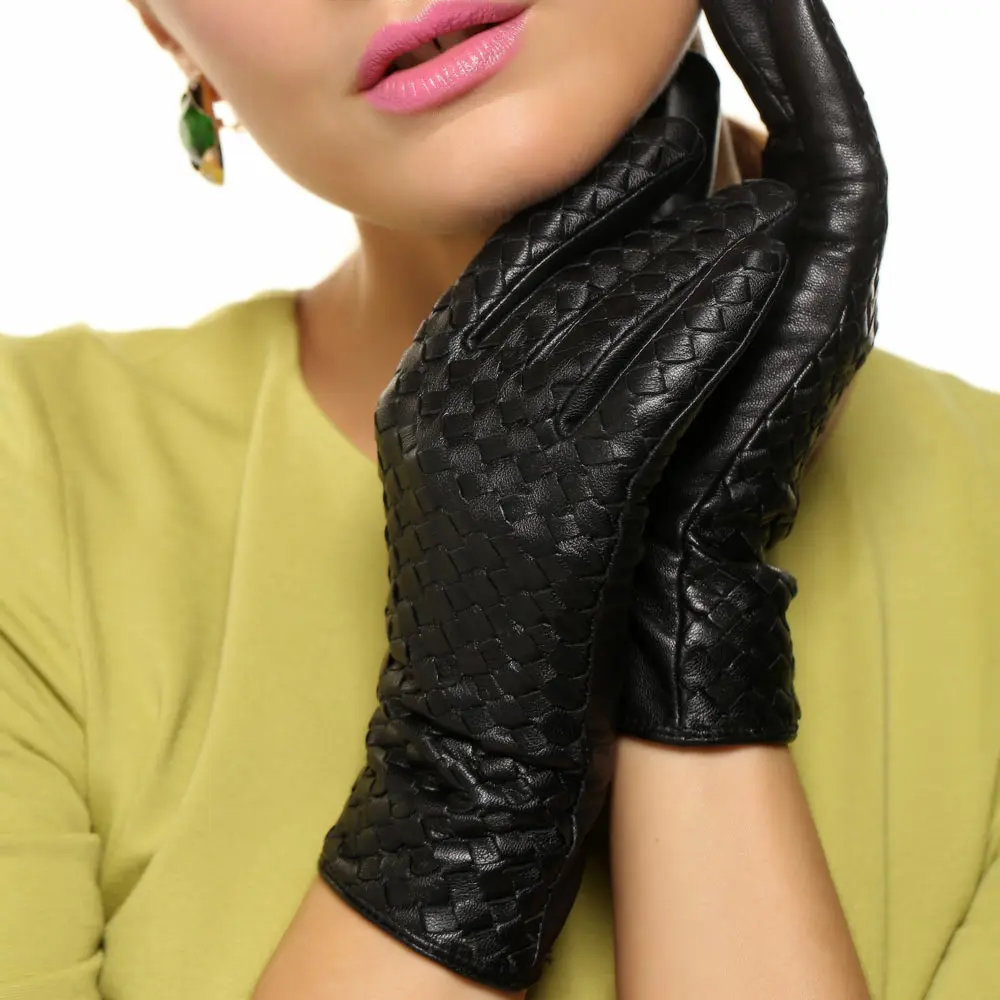 Women's Genuine Leather Gloves Female Handmade Woven Elegant Sheepskin Gloves Fashion Trend Nylon Lined L118NN-1