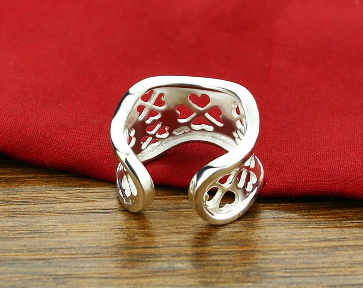 New fashion retro hollow pattern ring. Solid 925 sterling silver 13mm wide face female adjustable size. Clover silver jewelry image 6