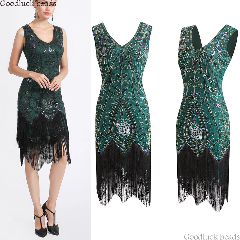 Women 1920s Diamond Sequined Embellished Fringed Floral Flapper Lace Black Dress Retro Tassle Midi Party Dress Ukraine Vestido