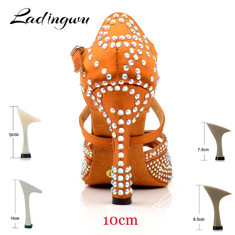 Ladingwu New Latin Dance Shoes Women New laser Rhinestone Satin Salsa Party Ballroom Dancing Shoes Bronze Cuba High Heel 10cm