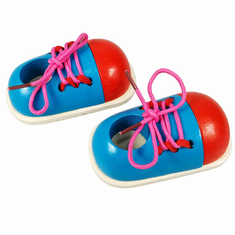 2 pçs crianças montessori educacional brinquedos de madeira gravata sapatos rendas até sapatos brinquedos criança lacing sapatos cedo educacional aprendizagem brinquedos