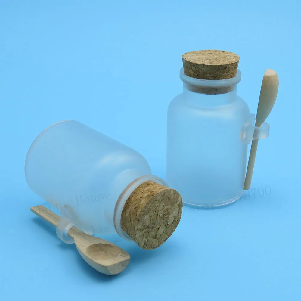 30 x 100ml  Portable  Bath salt bottle with cork jar with wooden spoon 100g Powder plastic bottle