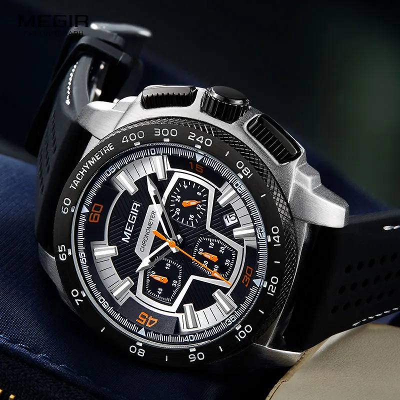 Megir erkek ordu spor Chronograph kuvars saatler silikon bant 24 saat askeri su geçirmez kol saati adam 2056GS-BK-1