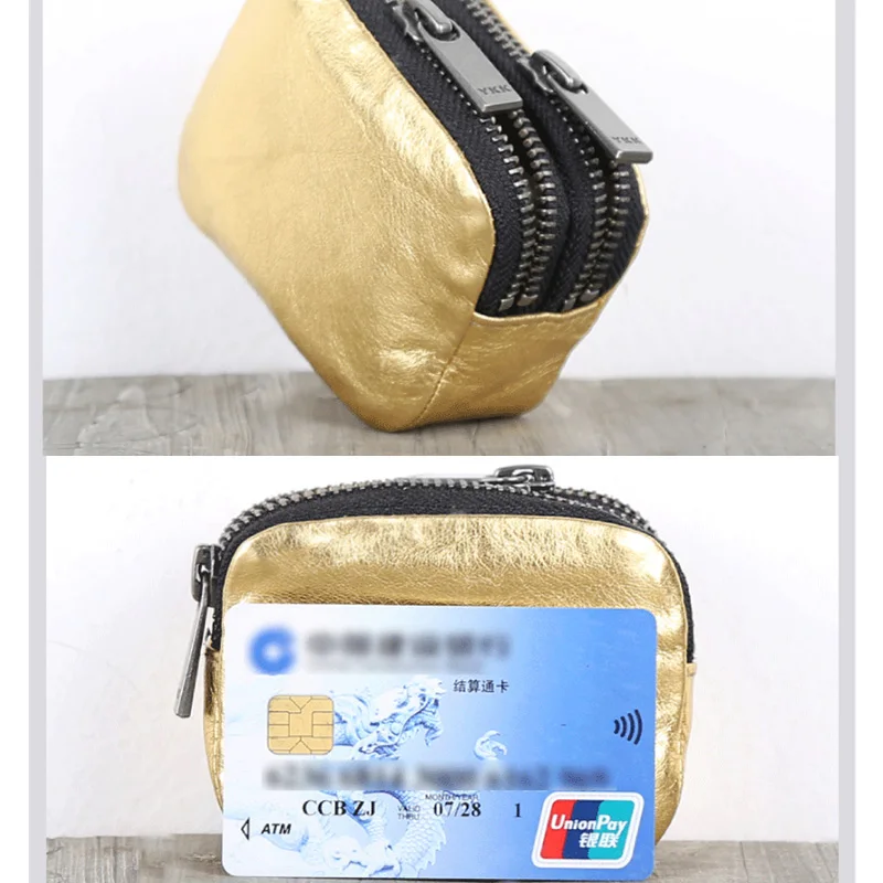 Double Zipper Coin Purses Ladies Genuine Leather Luxury Gold Credit Card Wallet Men Key Pouch Cowhide Storage Bag