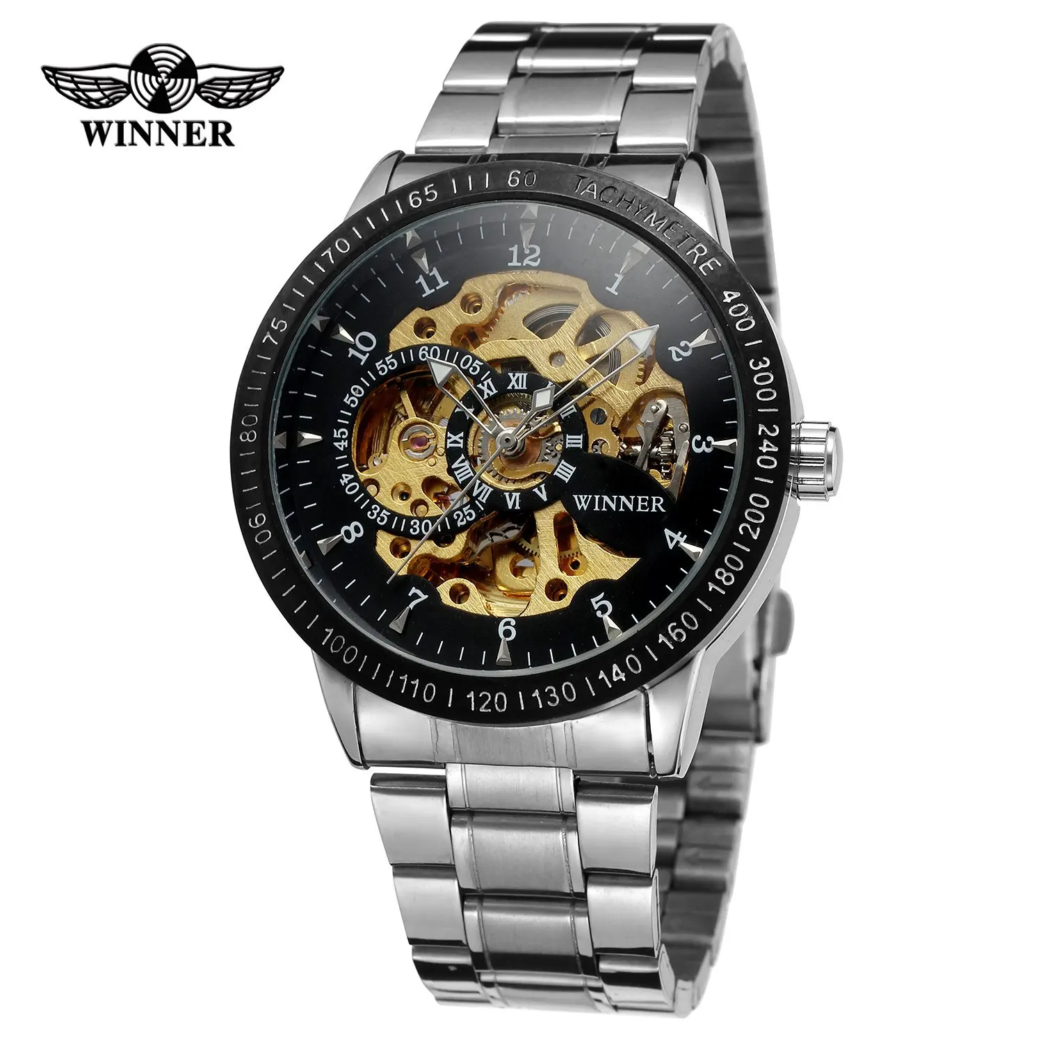 Top Fashion Winner Brand Vintage Black Steel Stainless Black Dial Men Mechanical Skeleton Watch Men Wristwatch Gift Business