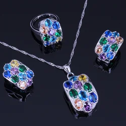 Astonishing Multigem Multicolor Cubic Zirconia Silver Plated Jewelry Sets Earrings Pendant Nacklace Chain Ring V0249