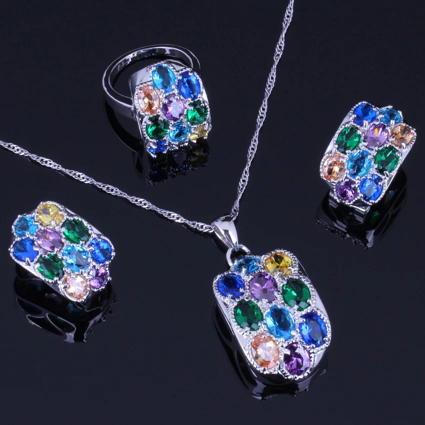 Astonishing Multigem Multicolor Cubic Zirconia Silver Plated Jewelry Sets Earrings Pendant Chain Ring V0249