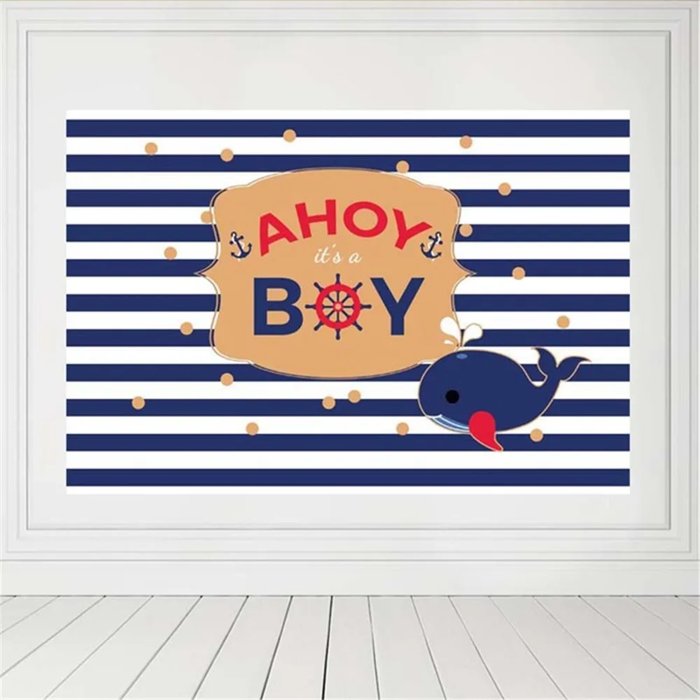 Blue and White Striped Newborn Boy Backdrop Printed Polka Dots Whale Baby Sailor Happy Birthday Party Photo Booth Background