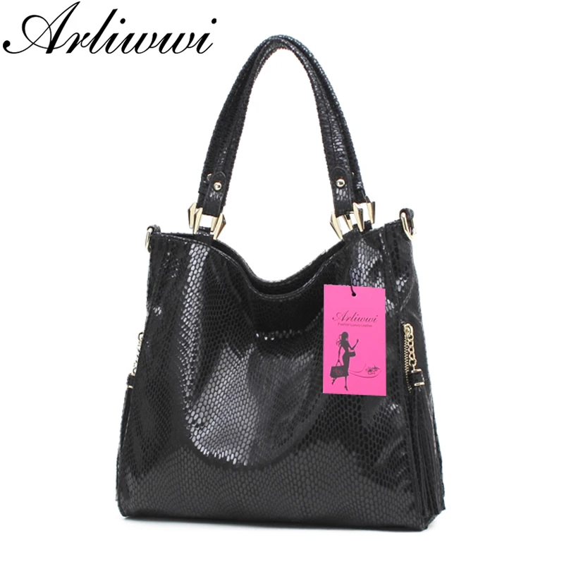 Arliwwi Brand High Quality Shiny PU Leather OL style Serpentine Embossed Large Capacity Ladies Shoulder Bags Handbags Women QK10