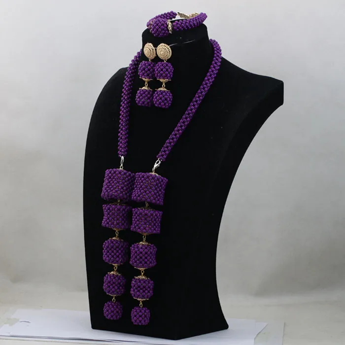 Latest Design Nigerian Wedding African Beads Jewellery Sets Purple Bridal Crystal Jewelry Sets Pendant Statement Necklace ABH463