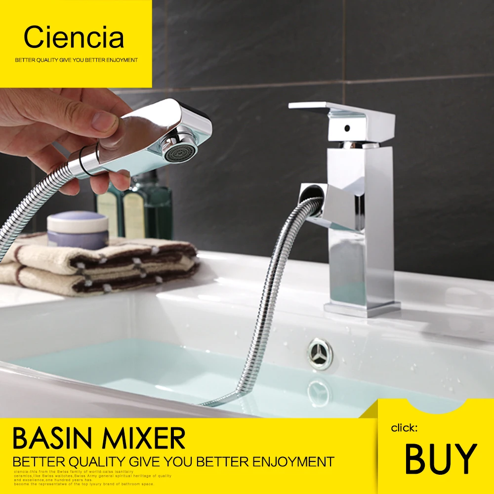 

Ciencia Brass Chrome Square Shape Pull Out Basin Faucet Bathroom/Kitchen Single Lever Vanity Sink Faucet Deck mounted