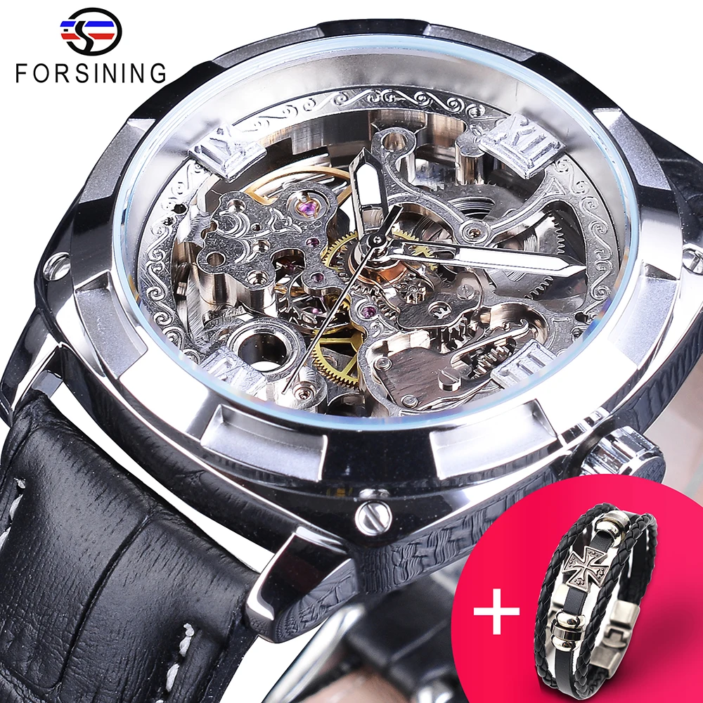 Forsining Watch + Bracelet Set Combination Sport Black Silver Open Work Clock Luminous Waterproof Men\'s Automatic Wrist Watches