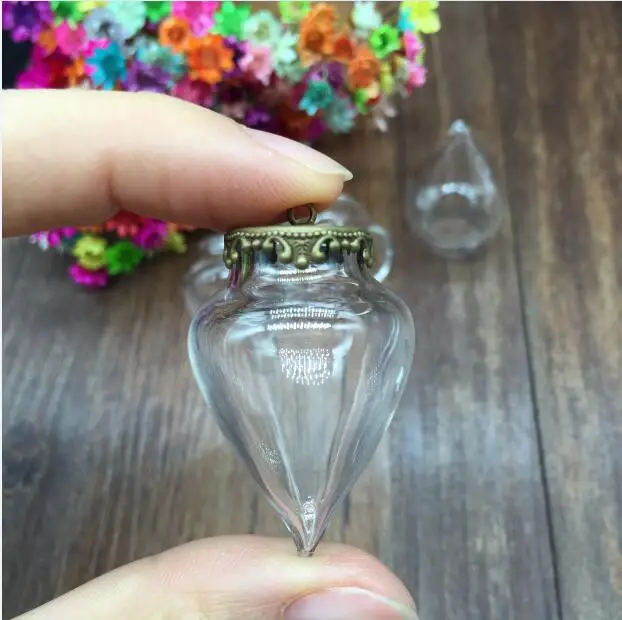 1set 38*15mm hollow water drop glass with 15mm crown setting base set glass vials pendant glass bottle charms jewelry findings