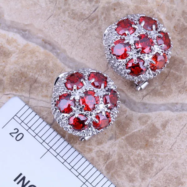 Gracious Red Garnet Silver Plated Jewelry Sets Earrings Pendant Ring Size 6 / 7 / 8 / 9 / 10 / 11 / 12 S0023