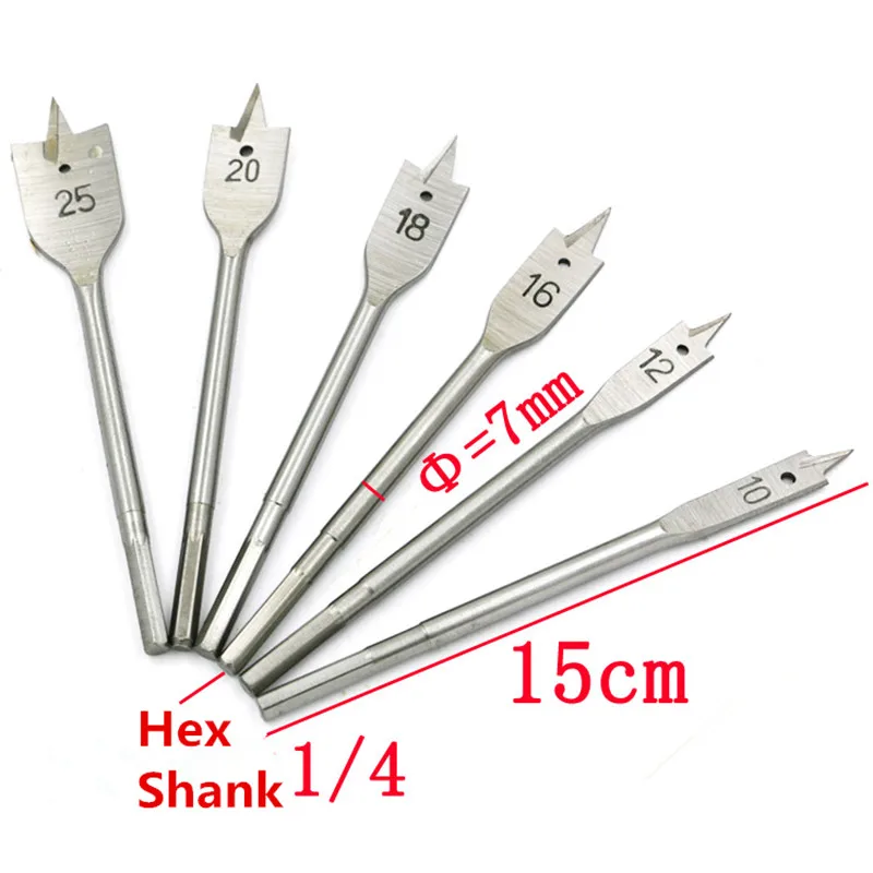 Brocas de pala de vástago hexagonal de 10,12,16,18,20,25mm, broca plana de madera, 6 unids/set/juego