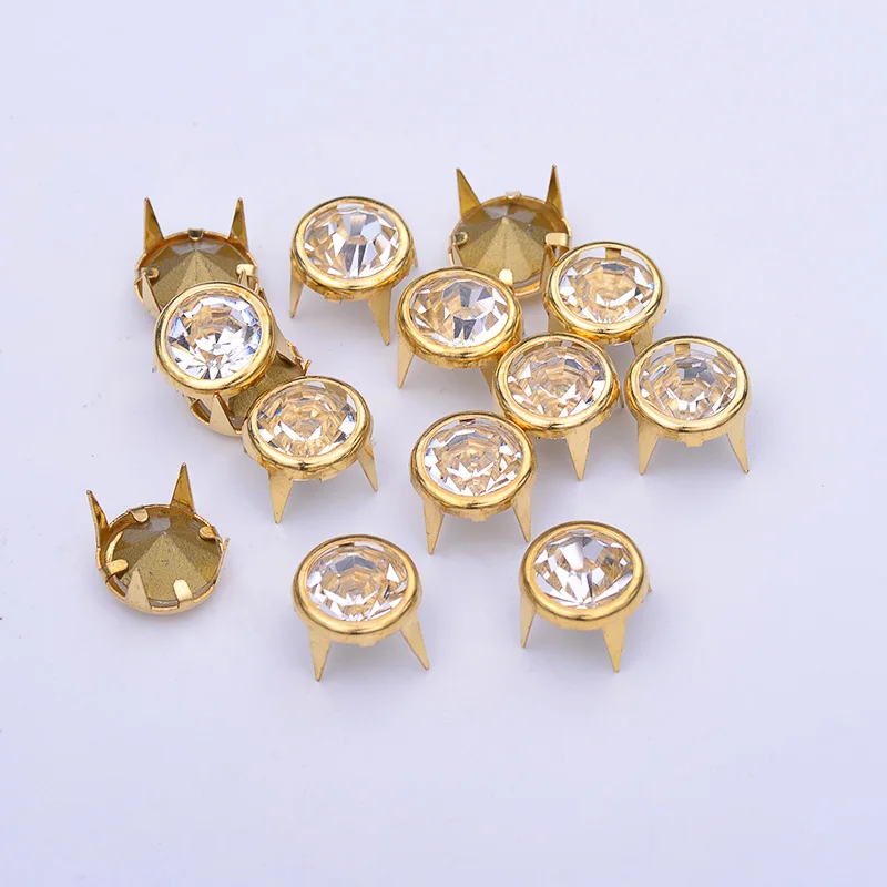 JUNAO 50pcs 10mm Gold Metal Studs Rivet Rhinestones  Rivet Glass Crystal Studs Spikes Decor Rivets for Leather Clothes Crafts