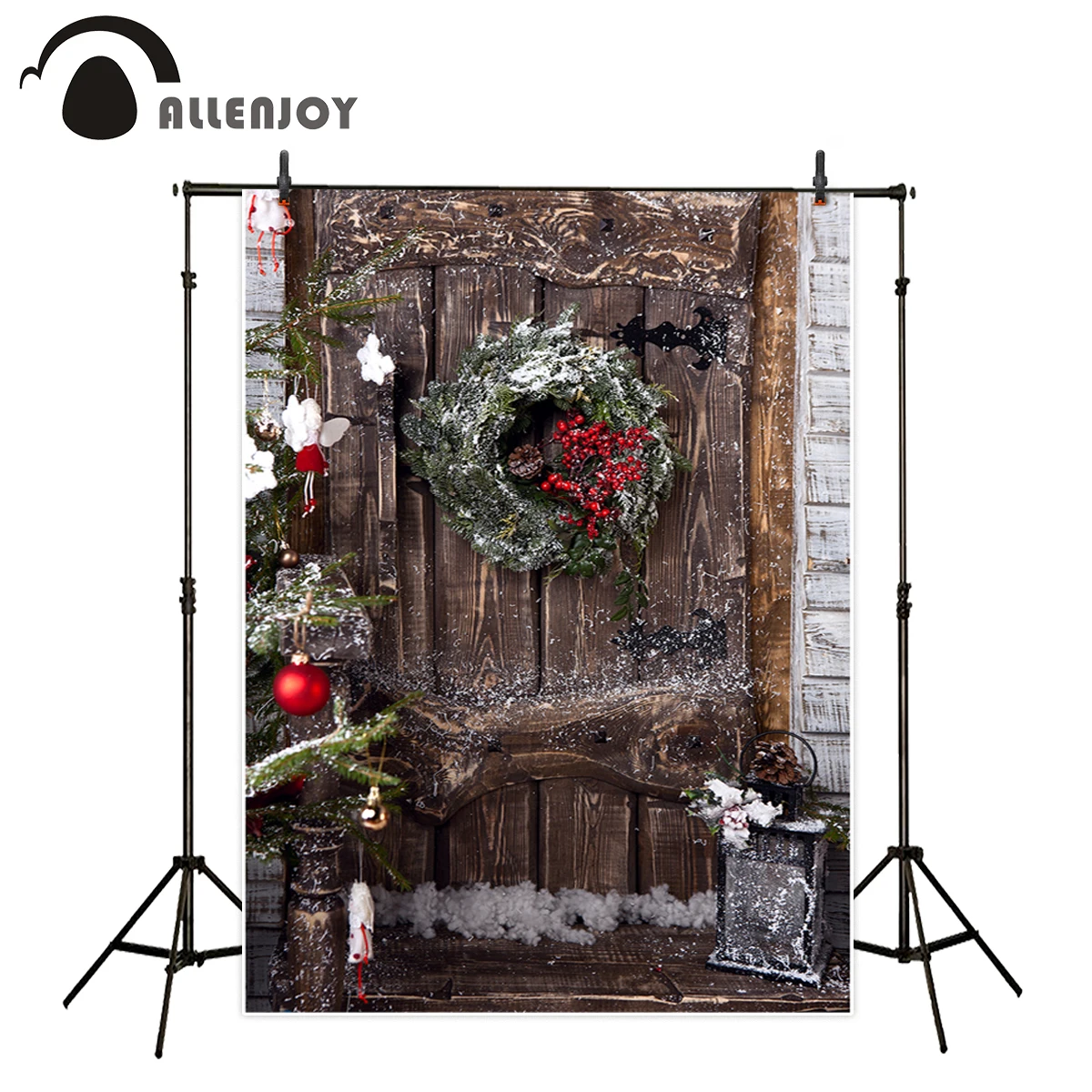 Allenjoy background for photo studio christmas wood door wreath red berries backdrop professional photocall printed