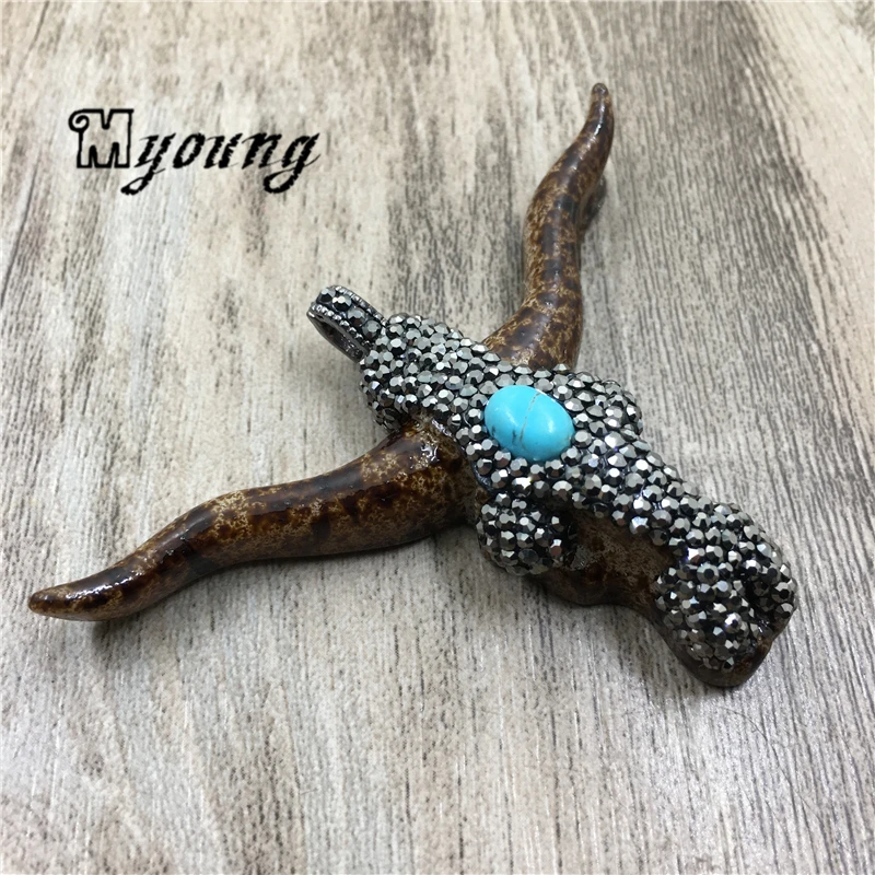 

Tribal Buffalo Horn Skull Pendant with Rhinestone Paved,Tauren pendants For Nacklace DIY Jewelry MY2027